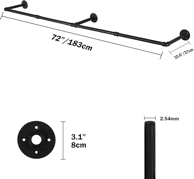 Oroonoko 72inch Industrial Pipe Clothes Rack Wall Mount - Image 2