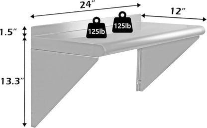 12''x24'' Wall Mounted Stainless Steel Shelf NSF Commercial Metal Wall Mount - Image 3