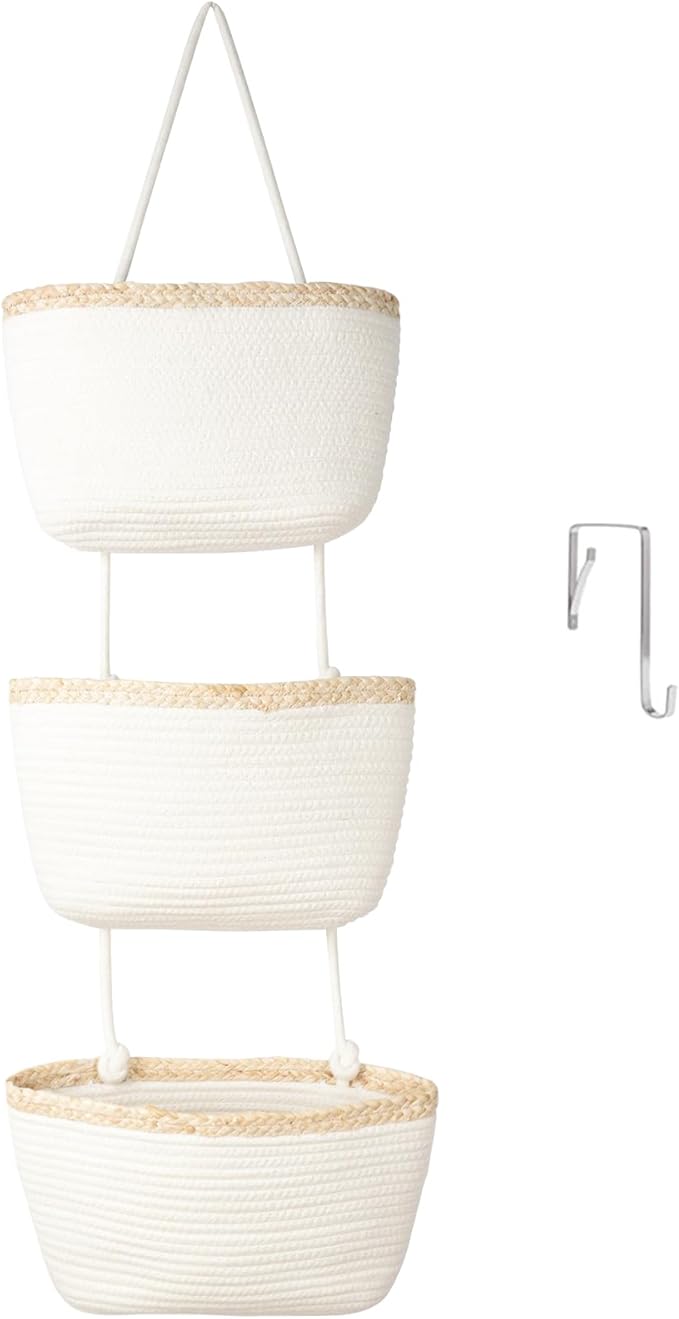 TeoKJ Over the Door Hanging Basket, 3-Tier Woven Cotton Wall-Mounted Storage by TeoKJ