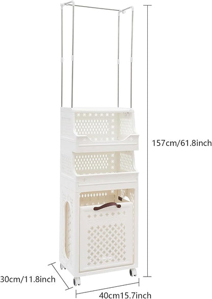 Rolling Laundry Hamper with Hanging Rod, 3-Tier Laundry Hamper Cart with 6 Hooks - Image 2