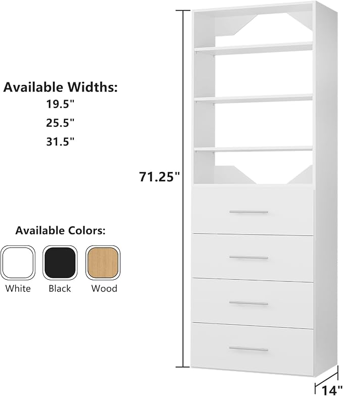 ROOMTEC Modular Closet System, 31.5" 4 Drawer Shelf Closet Tower Wall-Mounted - Image 7