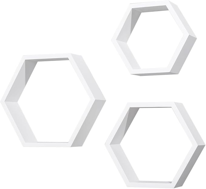 ZGZD Set of 3 White Wooden Hexagon Wall Shelves - Image 4