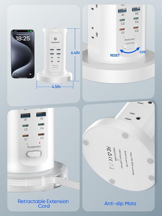Kakyanill 30W USB Charging Station, Power Strip Tower, 9 AC Outlets - Image 6