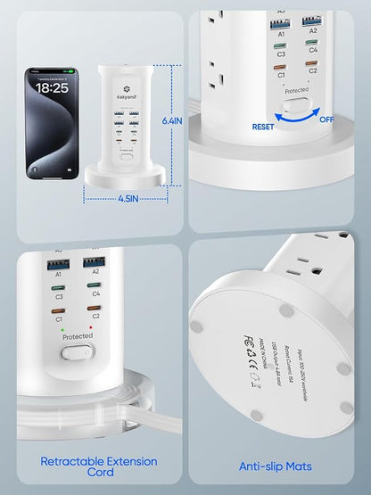 Kakyanill 30W USB Charging Station, Power Strip Tower, 9 AC Outlets - Image 6