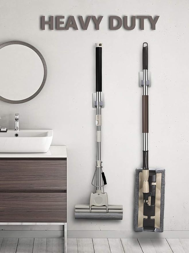 HANZE 2 Pack Stainless Steel Mop Broom Holder Organizer, Self Adhesive Wall - Image 3