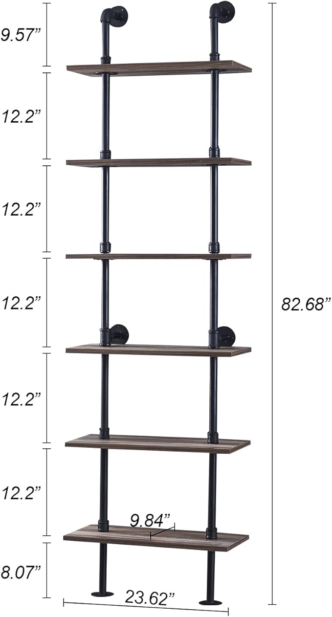 HOMBAZAAR Industrial Pipe Bookshelf, 6 Tier Pipe Shelving, Wall Mounted Ladder - Image 2