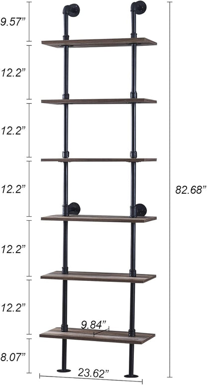 HOMBAZAAR Industrial Pipe Bookshelf, 6 Tier Pipe Shelving, Wall Mounted Ladder - Image 2