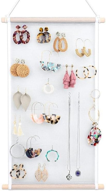 Mesh Earring Organizer with Wooden Rods Hanging Jewelry Display Holder by Unknown