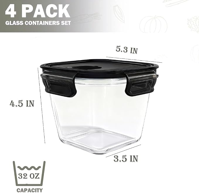 H.JSS WDJS 32oz Square Glass Food Storage Containers - Image 2