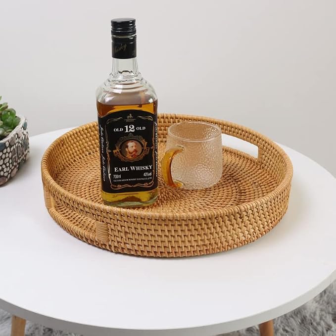 Coffee Table Tray Round Rattan Ottoman Tray Woven Serving Trays - Image 5