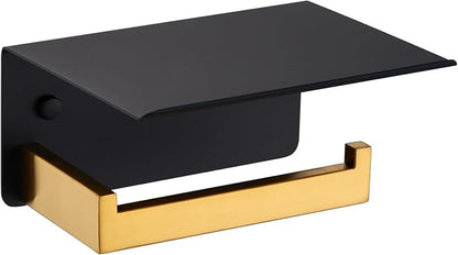 Toilet Paper Holder with Phone Shelf Black & Gold, APLusee 304 Stainless Steel by APLusee