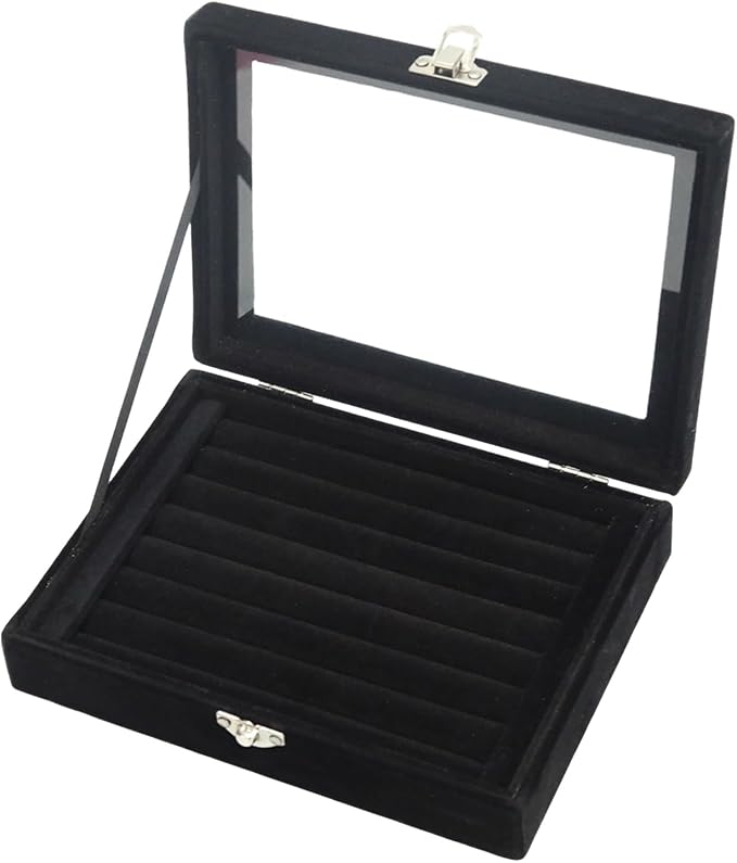 Small Velvet Jewelry Tray with Clear Lid, 8 Rolls Black | Lockable Ring Earring by Unknown