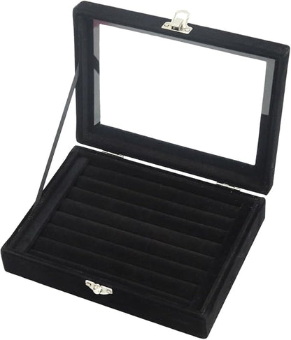 Small Velvet Jewelry Tray with Clear Lid, 8 Rolls Black | Lockable Ring Earring by Unknown