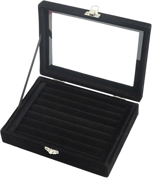 Small Velvet Jewelry Tray with Clear Lid, 8 Rolls Black | Lockable Ring Earring by Unknown