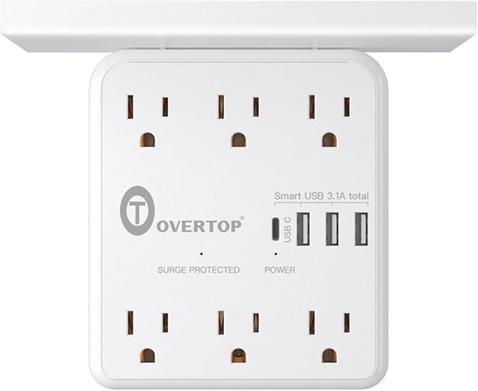 Overtop Power Charger with Shelf, Wall Outlet Extender Surge Protector with 6 by OVERTOP