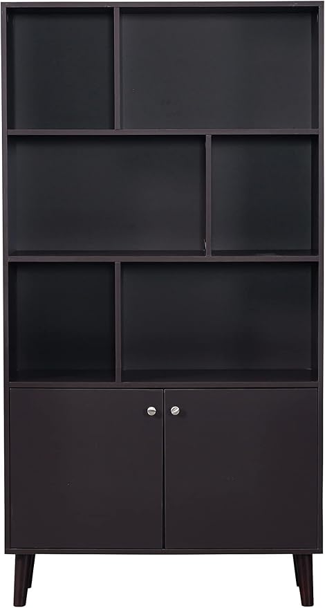 67 in Bookcase with Doors, 3-Tier Bookshelf Farmhouse Bookcases Wooden Deep - Image 6
