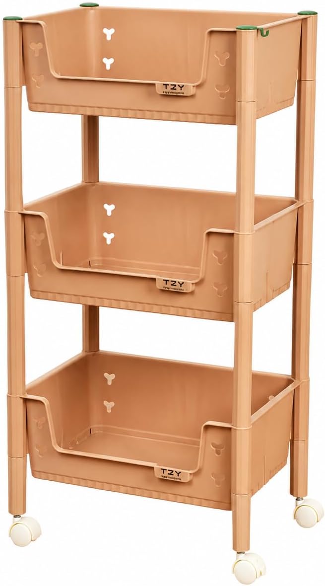 3 Tier Cart for Classroom, Khaki Resin Rolling Storage Cart, Mobile Utility Cart by Unknown
