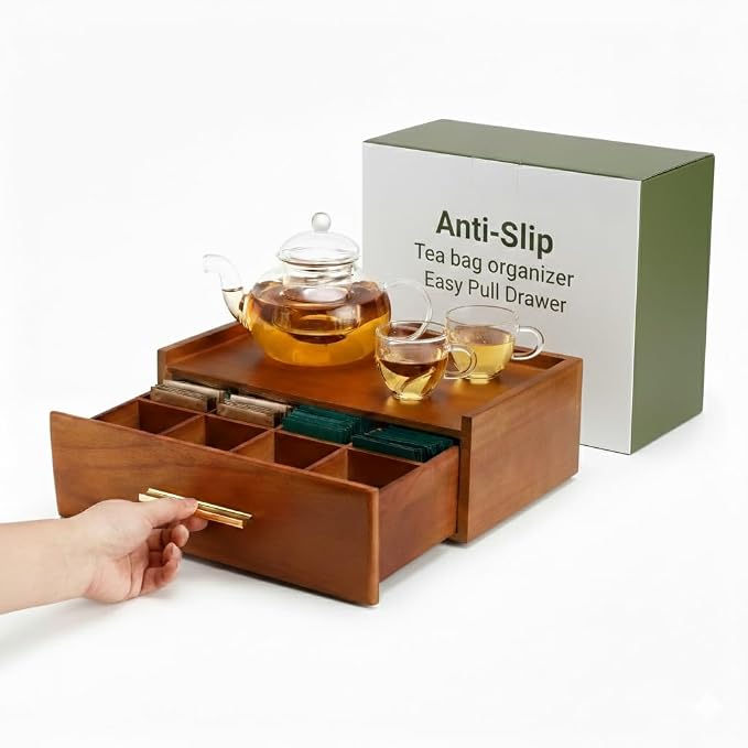 Tea Bag Organizer for Counter – Easy Pull Drawer, Anti-Slip Pads, Wooden Tea by Baswinco