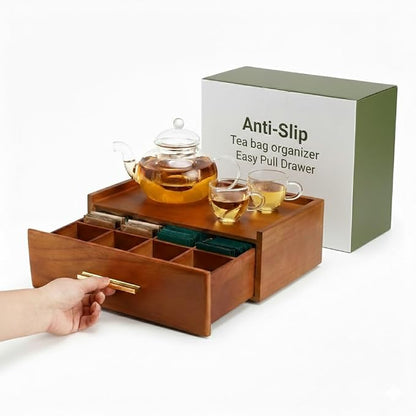 Tea Bag Organizer for Counter – Easy Pull Drawer, Anti-Slip Pads, Wooden Tea by Baswinco