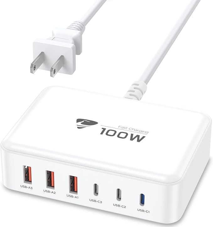 USB C Fast Charger, 100W GaN 6 Port USB C Fast Charging Station Hub Block Cube by AIONE