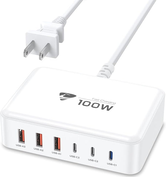 USB C Fast Charger, 100W GaN 6 Port USB C Fast Charging Station Hub Block Cube by AIONE