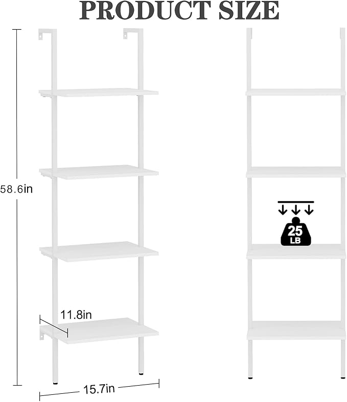 Ladder Shelf 4 Tiers Metal Industrial Bookshelf, Wall Mount Wide Bookcase - Image 3