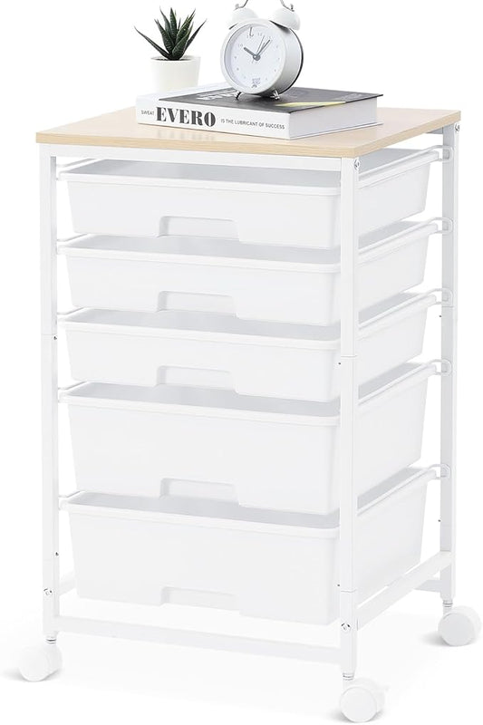 SYKIARIOL Utility Cart with 5 Drawers, Storage Drawer Cart with Wooden Tabletop by SYKIARIOL