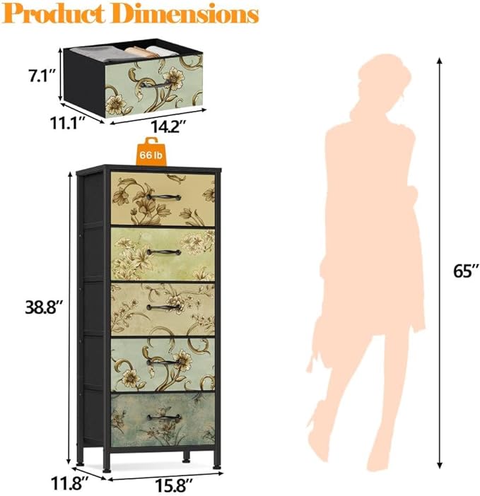 Furnulem 5 Drawer Dresser for Bedroom, Vintage Tall Skinny Storage Dressers | - Image 3
