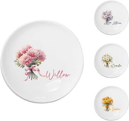 Custom Ceramic Jewelry Tray Birth Flower Personalized Name Decorative Trinket by BYFDIY