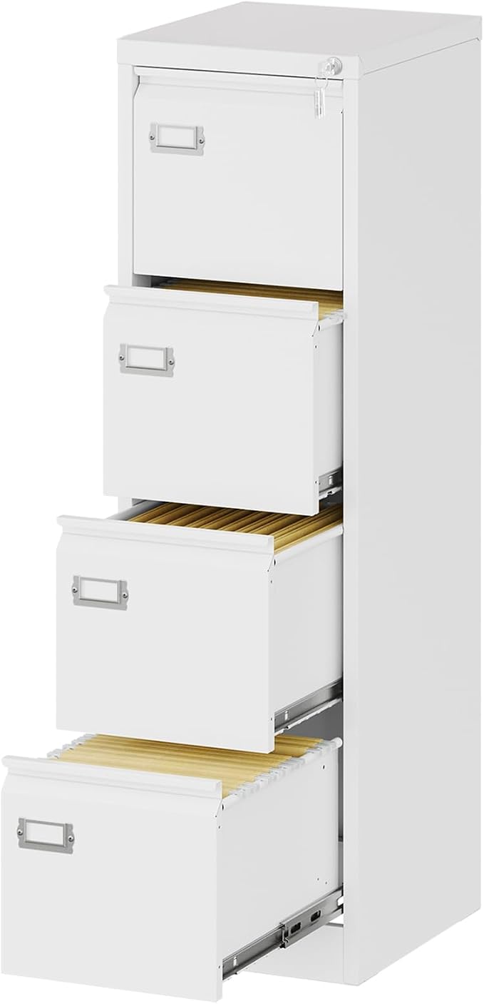 File Cabinets - 4 Drawers Vertical 17.8" Deep Lockable Filing Cabinet - White by Fesbos