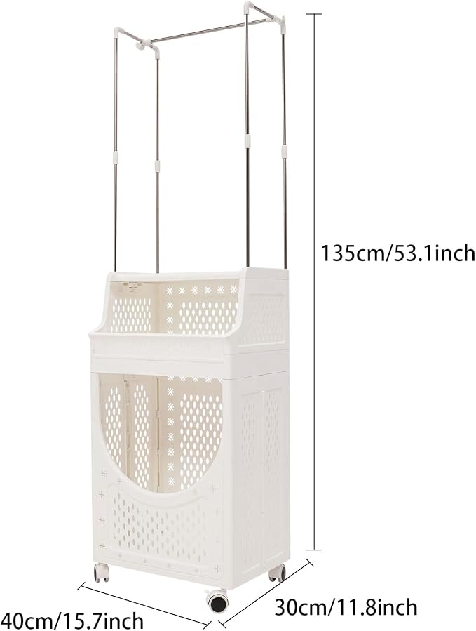 Rolling Laundry Hamper with Hanging Rod, 3-Tier Laundry Hamper Cart with 6 Hooks - Image 2