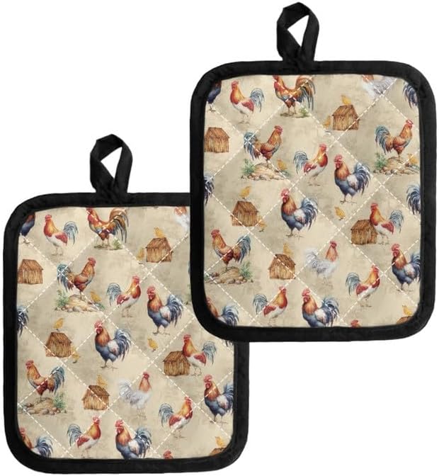 Rooster Pot Holders for Kitchen Heat Resistant Cotton, Hen Farmhouse 8.2x7 Inch by Jndtueit