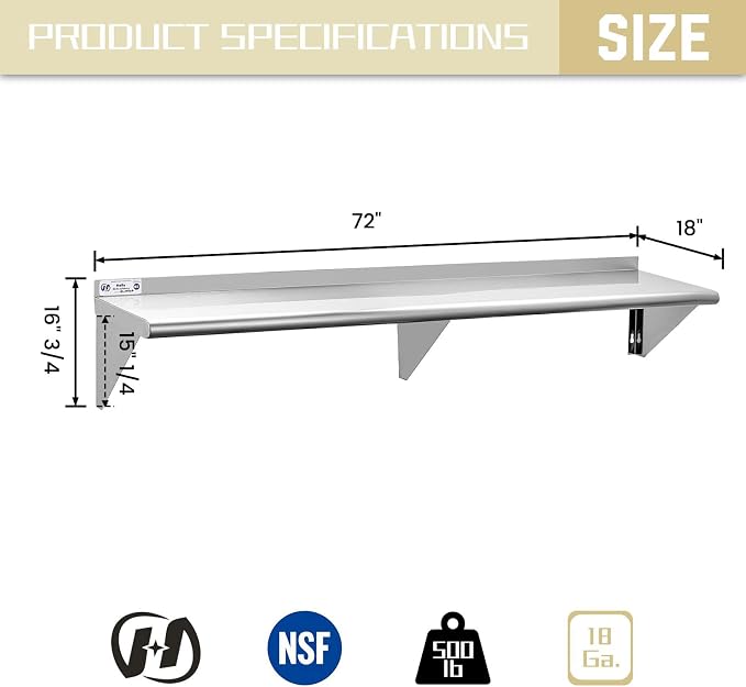HALLY SINKS & TABLES H Stainless Steel Shelf 18 x 72 Inches, 500 lb, Commercial - Image 3