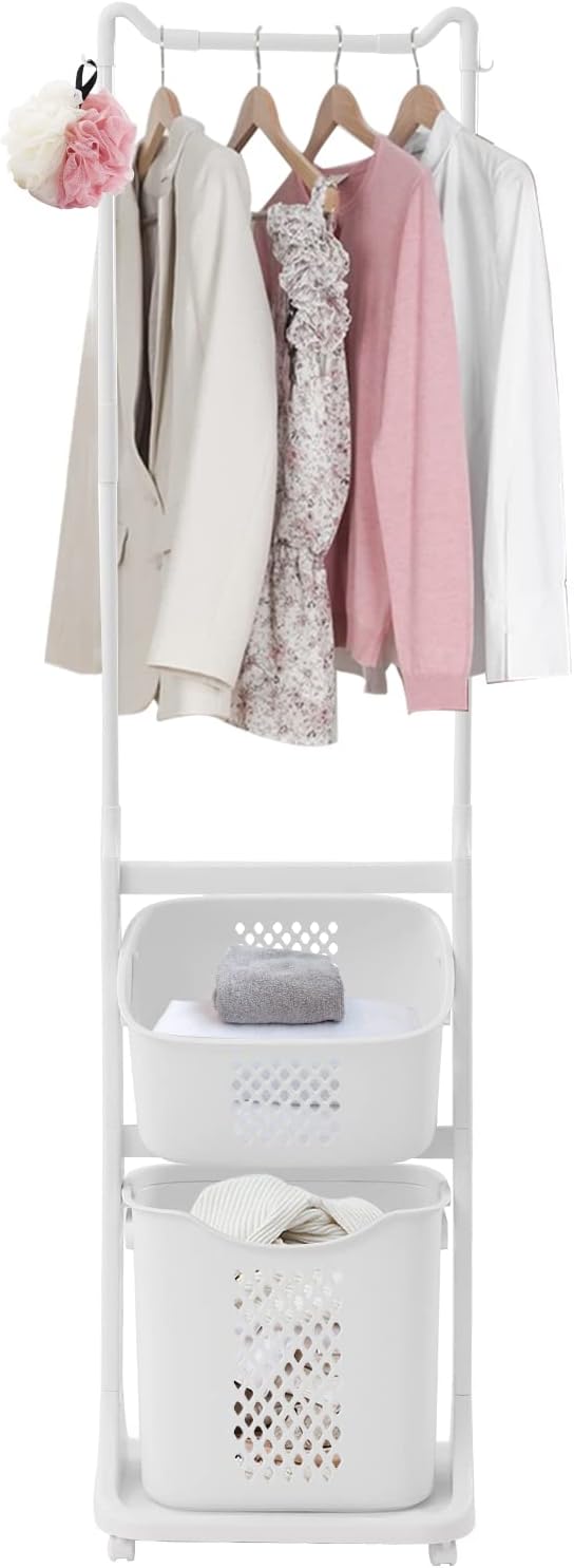 Laundry Sorter Cart with Hanging Rack, 2 Section Laundry Hamper Rack Shelf by HinLIaDa