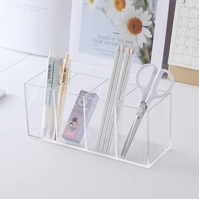 HSYMQ Acrylic Pen Holder 4 Compartments Clear Pencil Holder Organizer Makeup - Image 3