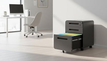 Modern 3-Drawer Mobile File Cabinet, Dark Grey Metal Filing Cabinet - Image 6