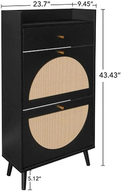 9.4" Ultra Slim Black Shoe Storage Organizer Set of 2 Arched Rattan Shoe Cabinet - Image 2