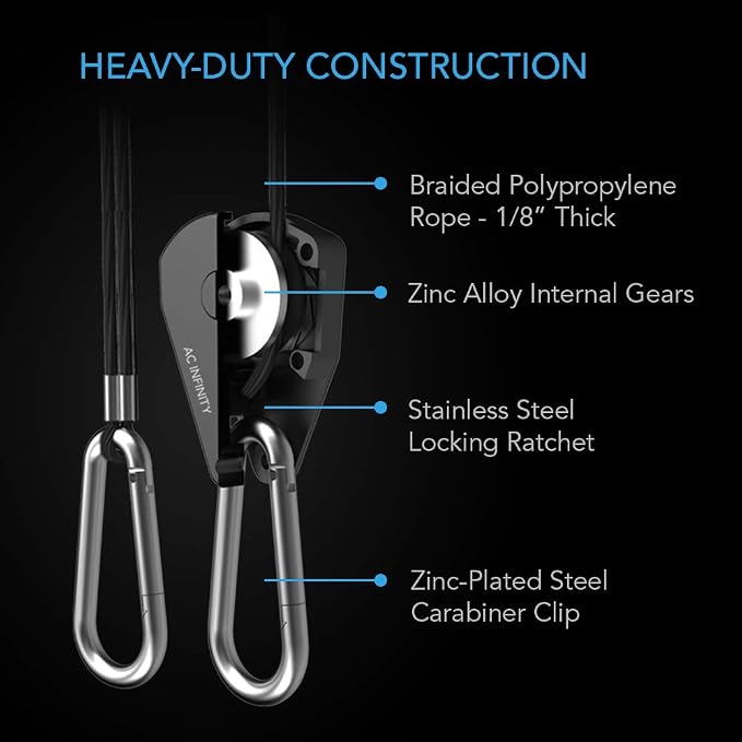 AC Infinity, Adjustable 1/8” Rope Hanger, Heavy-Duty Stainless Steel Gears - Image 3
