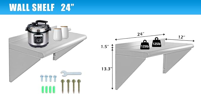 12''x24'' - 2PACKS Wall Mounted Stainless Steel Shelf NSF Commercial Metal Wall - Image 3