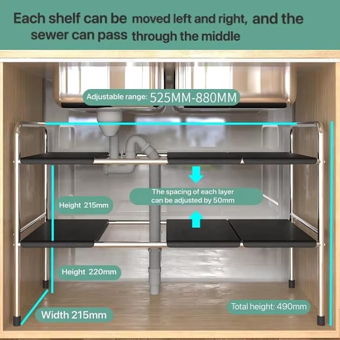 Under Sink Organizer, 2-Tier Expandable Stainless Steel Storage Rack - Image 5