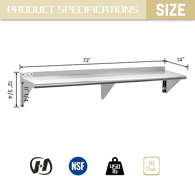 Hally Stainless Steel Shelf 14 x 72 Inches, 450 lb, Commercial Wall Mount - Image 3