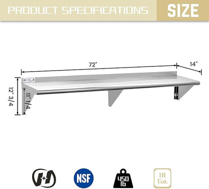 Hally Stainless Steel Shelf 14 x 72 Inches, 450 lb, Commercial Wall Mount - Image 3
