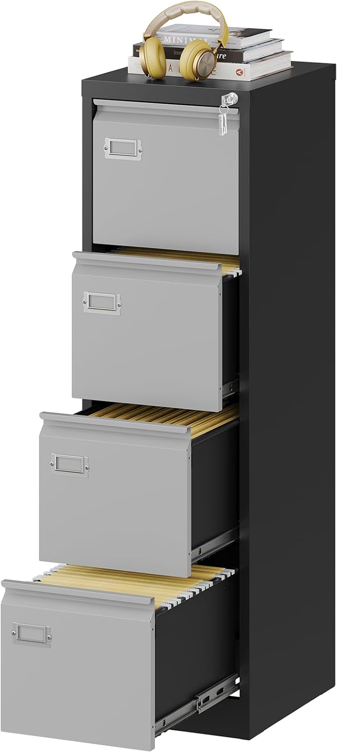 File Cabinets - 4 Drawers Vertical 17.8" Deep Lockable Filing Cabinet - Black & by Fesbos