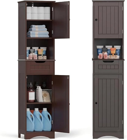 Gizoon 67” H Tall Bathroom Storage Cabinet, Narrow Cabinet, Dark Brown | Towel by Gizoon