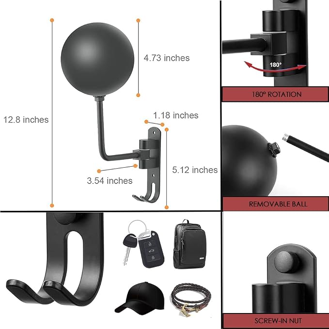 SANGMO Grey 180 Motorcycle Helmet Rack, Rotation Metal Wall Mounted Holder - Image 2