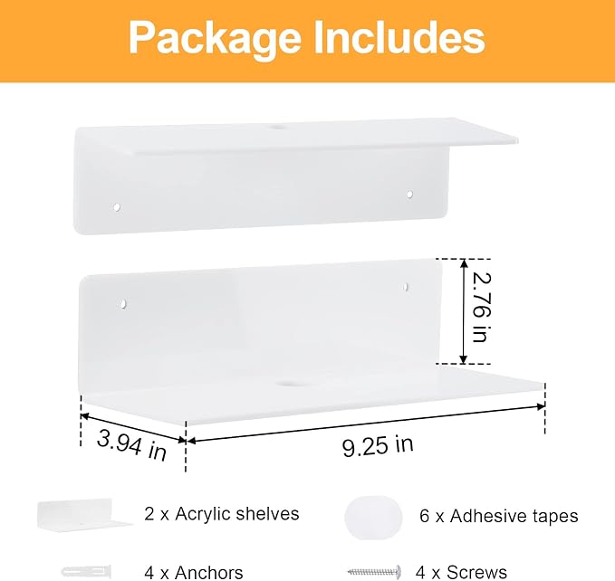 9 Inch Acrylic Floating Shelf No Drill Adhesive Wall Shelf Set of 2 - Image 3