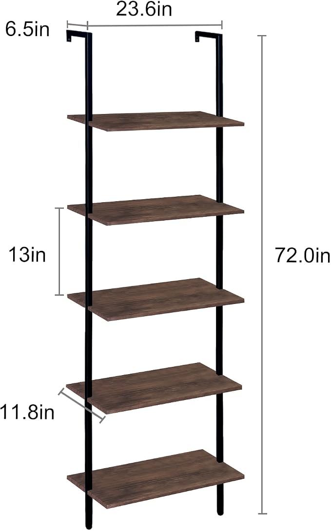 5 Tiers Ladder Shelf 2-Piece Black Modern Tall Bookshelf Open Large Tall Wall - Image 3