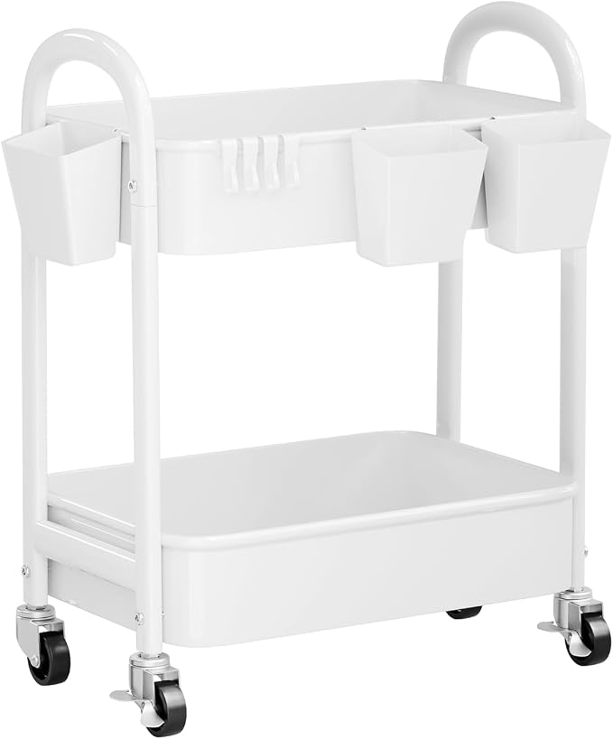 2 Tier Rolling Cart Metal with Wheels, Two Tiered Short Shelf Trolley, Small by Recximi