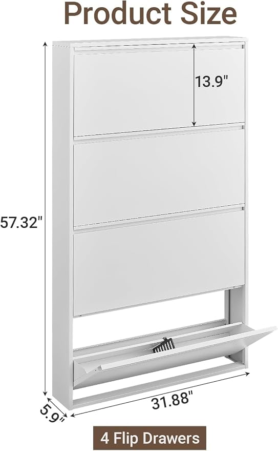Metal Shoe Cabinet with 4 Flip Drawers, Slim Wall Mounted, Hallway and Mudroom - Image 2