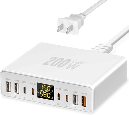 200W USB C Charger 8-Port with LED Display, USB Charging Station GaN Multiport by YSYFAD